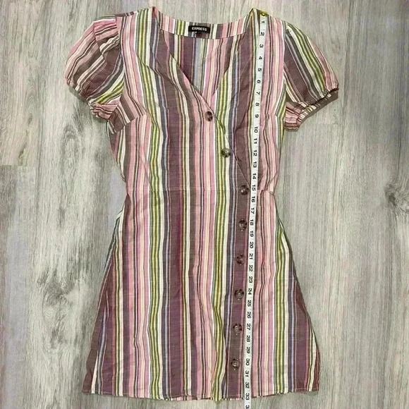 Express Short Sleeve Mini Dress Striped Button Front V-Neck 100% Cotton Size S - Picture 3 of 8